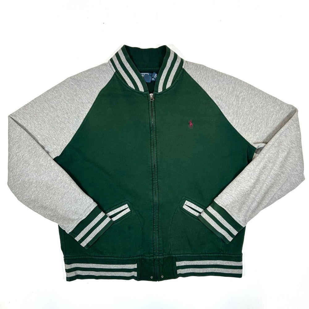 Polo Ralph Lauren Mens XL Varsity Jacket Green Gray Full Zip Fleece Letterman